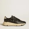 Damskie buty Running Sole w czarnym brokacie z skórzaną gwiazdką i nubukową wstawką na pięcie