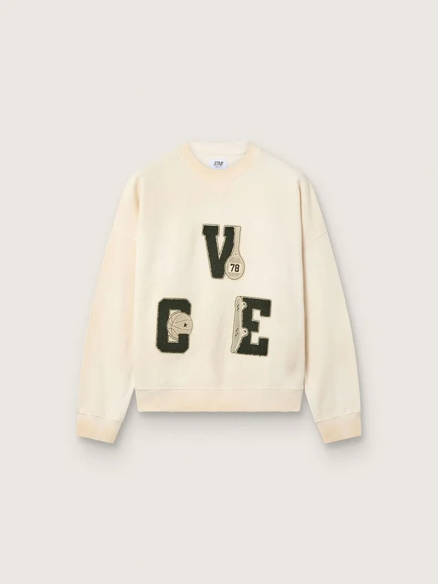 Bawełniana bluza unisex „Star” w kolorze vintage white z haftowanymi naszywkami VCE