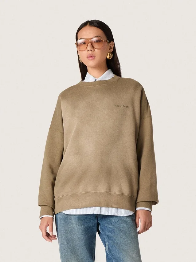 Bluza unisex z bawełny w kolorze wojskowej zieleni o wyglądzie wybielonym, z haftowanym logo