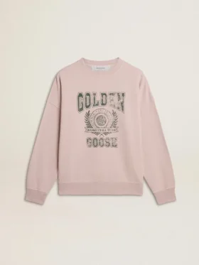 Bluza unisex z okrągłym dekoltem w kolorze starej róży z zielonym nadrukiem logo