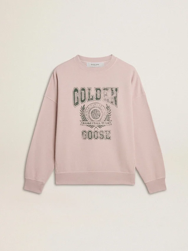 Bluza unisex z okrągłym dekoltem w kolorze starej róży z zielonym nadrukiem logo