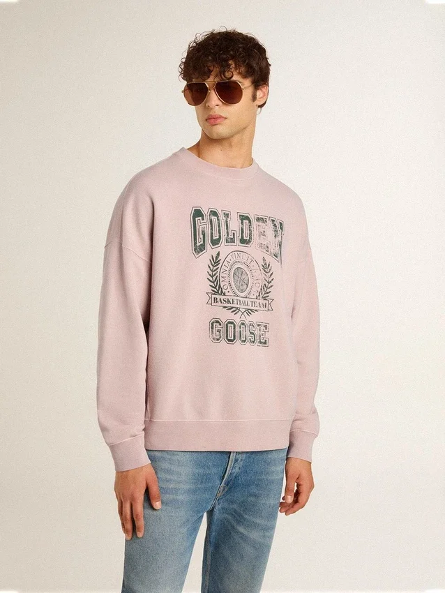 Bluza unisex z okrągłym dekoltem w kolorze starej róży z zielonym nadrukiem logo