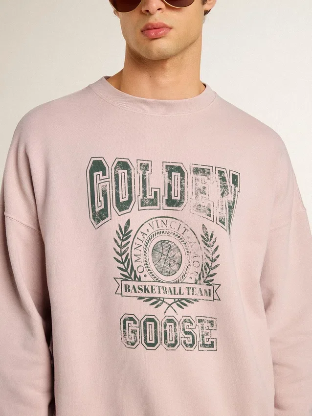 Bluza unisex z okrągłym dekoltem w kolorze starej róży z zielonym nadrukiem logo