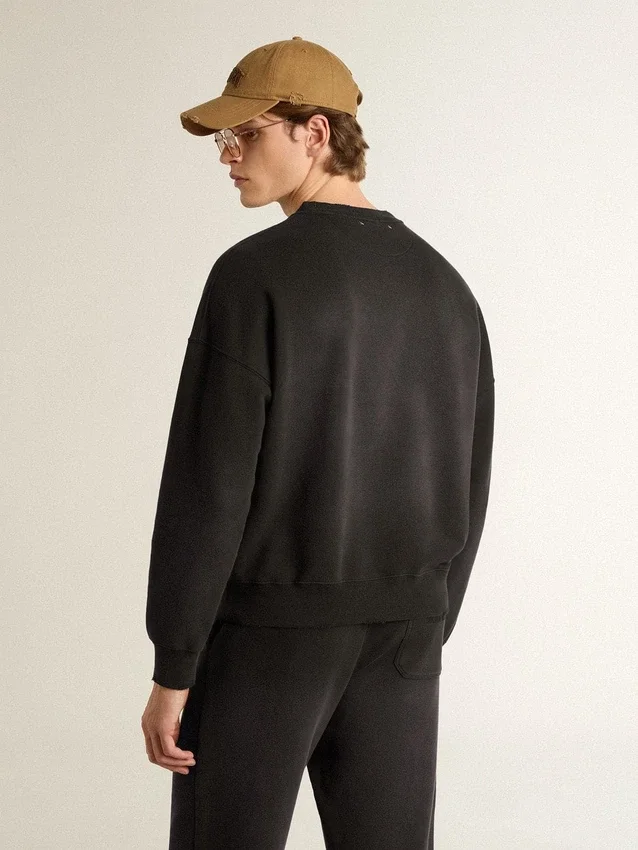 Bluza unisex z postarzanej czarnej bawełny z haftowanym logo