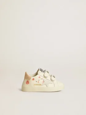 Buty dla maluchów ze skóry nappa z motywem różowej róży i białą gwiazdką z zamszu