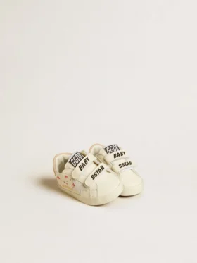 Buty dla maluchów ze skóry nappa z motywem różowej róży i białą gwiazdką z zamszu