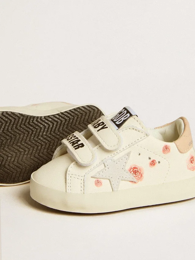 Buty dla maluchów ze skóry nappa z motywem różowej róży i białą gwiazdką z zamszu