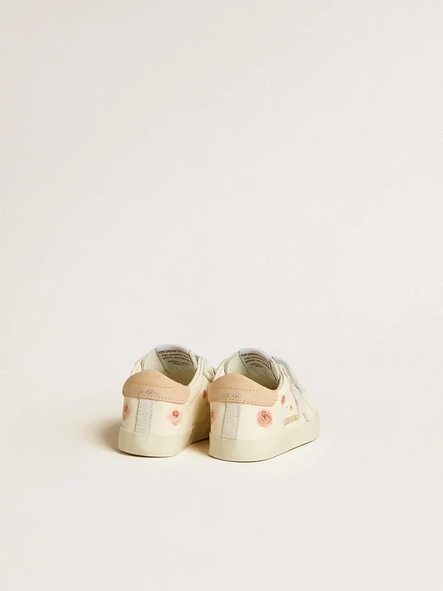 Buty dla maluchów ze skóry nappa z motywem różowej róży i białą gwiazdką z zamszu