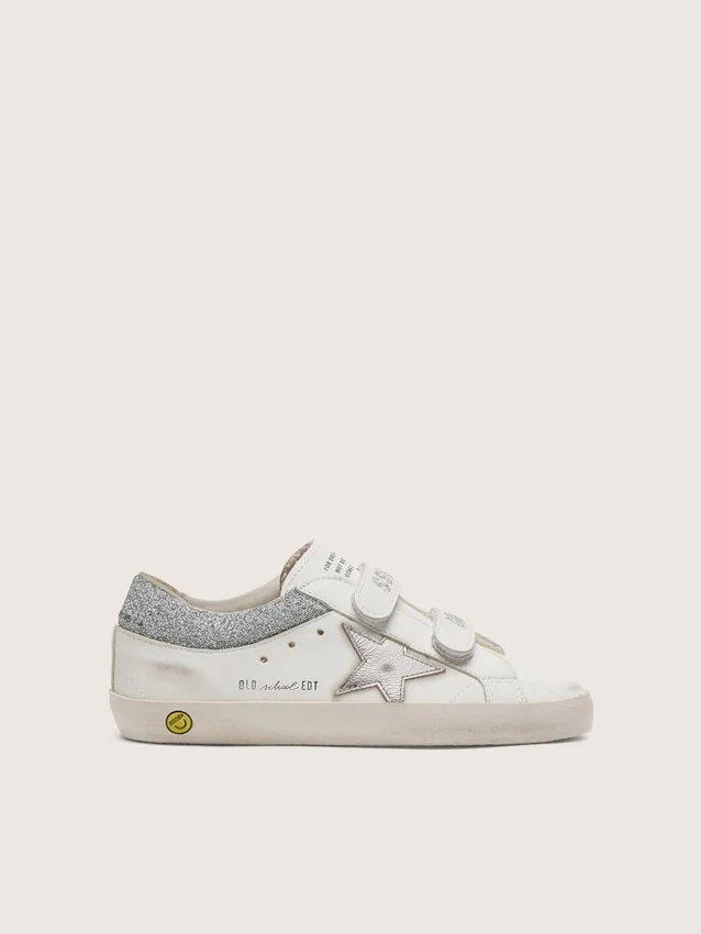 Buty Young Old School z białej skóry z metaliczną srebrną skórzaną gwiazdą i srebrnymi kryształowymi wstawkami