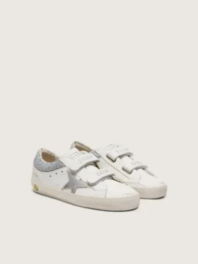 Buty Junior Old School z białej skóry z metaliczną srebrną skórzaną gwiazdą i srebrnymi kryształowymi wstawkami