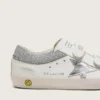 Buty Young Old School z białej skóry z metaliczną srebrną skórzaną gwiazdą i srebrnymi kryształowymi wstawkami