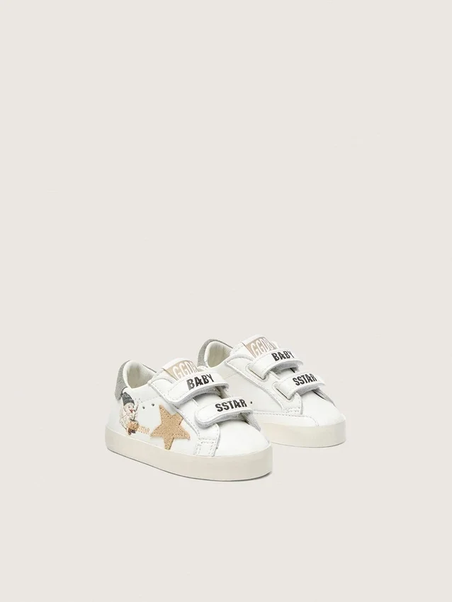 Buty szkolne dla dzieci z nappy z beżową zamszową gwiazdką i nadrukiem maskotki
