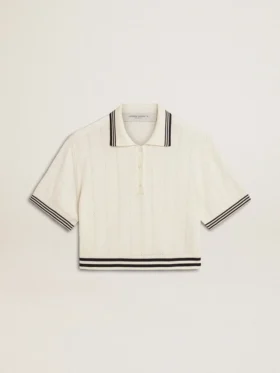 Damska krótka bawełniana koszulka polo w stylu „worn-white” z niebieskimi ściągaczami