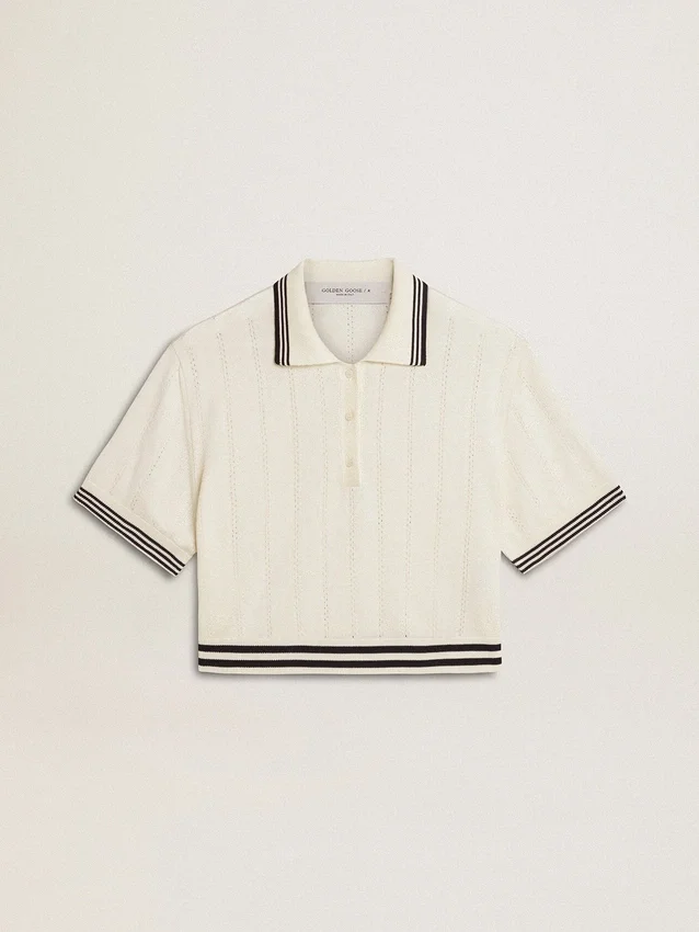 Damska krótka bawełniana koszulka polo w stylu „worn-white” z niebieskimi ściągaczami