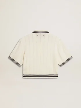Damska krótka bawełniana koszulka polo w stylu „worn-white” z niebieskimi ściągaczami