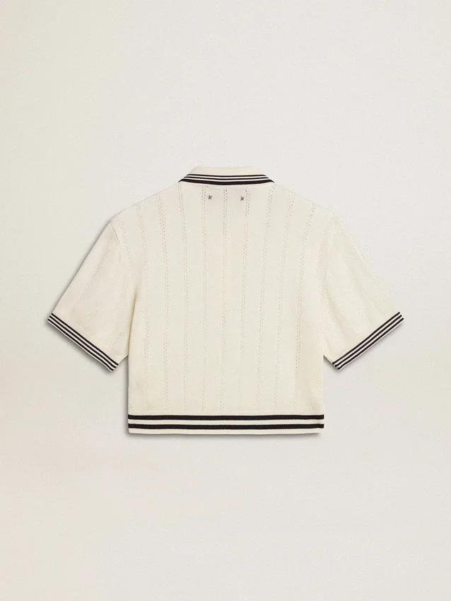 Damska krótka bawełniana koszulka polo w stylu „worn-white” z niebieskimi ściągaczami