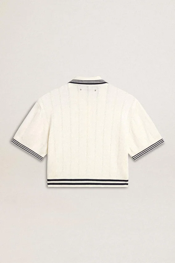 Damska krótka bawełniana koszulka polo w stylu „worn-white” z niebieskimi ściągaczami