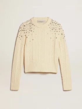 Damska krótka bluza w stylu „worn-white” z ozdobnymi kryształkami