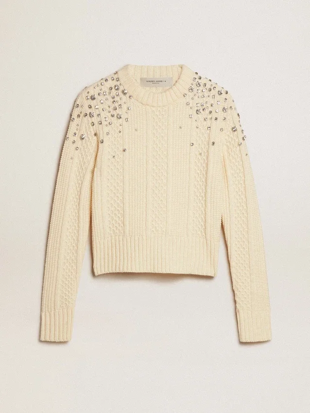 Damska krótka bluza w stylu „worn-white” z ozdobnymi kryształkami