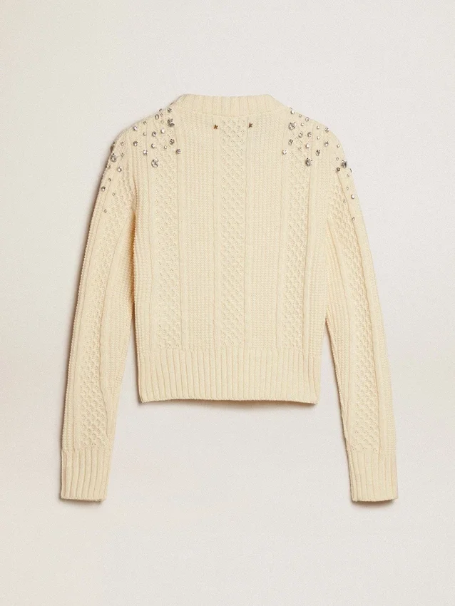 Damska krótka bluza w stylu „worn-white” z ozdobnymi kryształkami