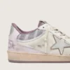 Damskie buty Ball Star LAB z białego nylonu i skóry kucyka ze srebrną gwiazdą i liliowymi wstawkami
