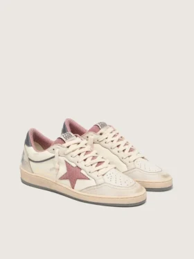 Damskie buty Ball Star LTD z beżowej skóry z różową gwiazdą z siateczki i niebieską skórzaną wstawką na pięcie