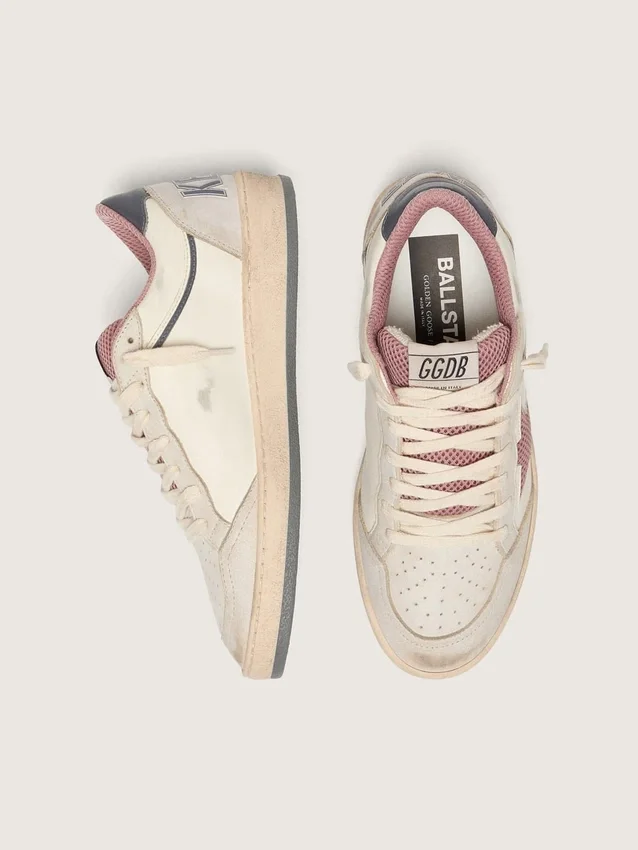 Damskie buty Ball Star LTD z beżowej skóry z różową gwiazdą z siateczki i niebieską skórzaną wstawką na pięcie