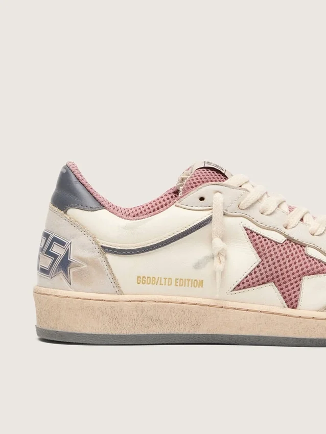 Damskie buty Ball Star LTD z beżowej skóry z różową gwiazdą z siateczki i niebieską skórzaną wstawką na pięcie