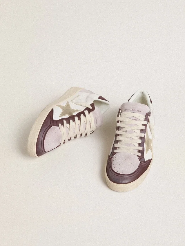 Damskie buty Ball Star LTD z nappy z gwiazdą z platynowej foliowanej skóry i burgundową nakładką na piętę z nubuku