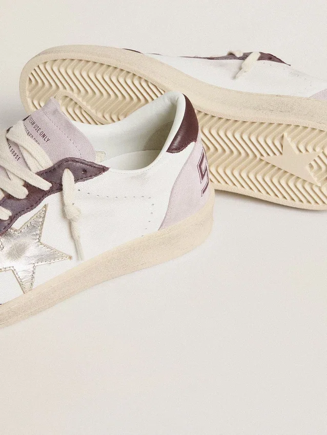 Damskie buty Ball Star LTD z nappy z gwiazdą z platynowej foliowanej skóry i burgundową nakładką na piętę z nubuku