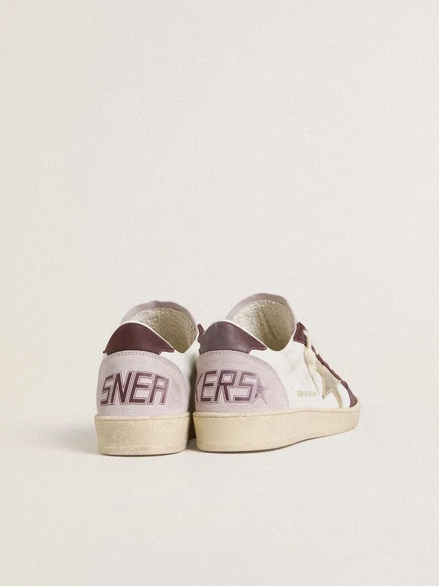 Damskie buty Ball Star LTD z nappy z gwiazdą z platynowej foliowanej skóry i burgundową nakładką na piętę z nubuku