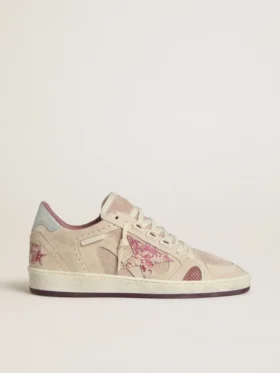 Damskie buty Ball Star LTD z różowego i beżowego zamszu z perłowo-szarą skórzaną wstawką na pięcie