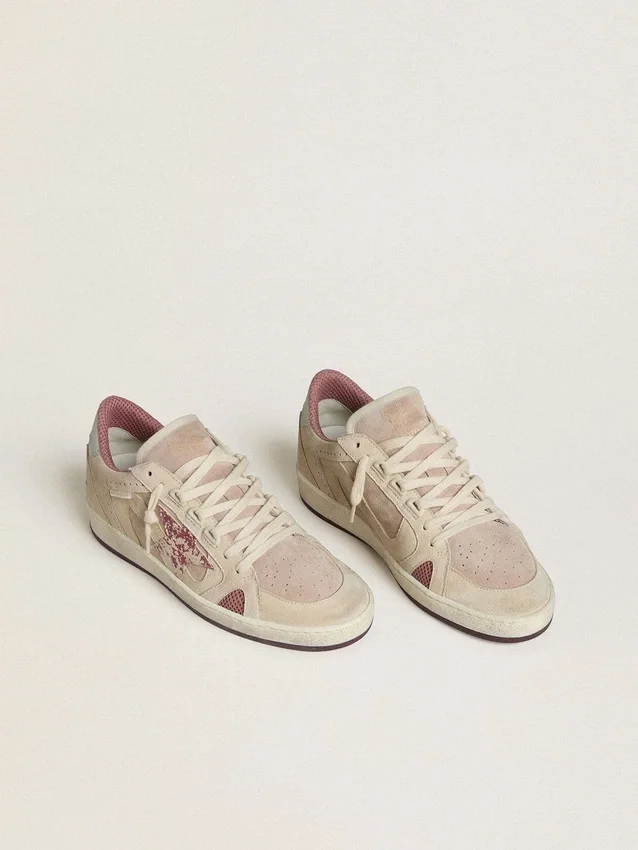 Damskie buty Ball Star LTD z różowego i beżowego zamszu z perłowo-szarą skórzaną wstawką na pięcie