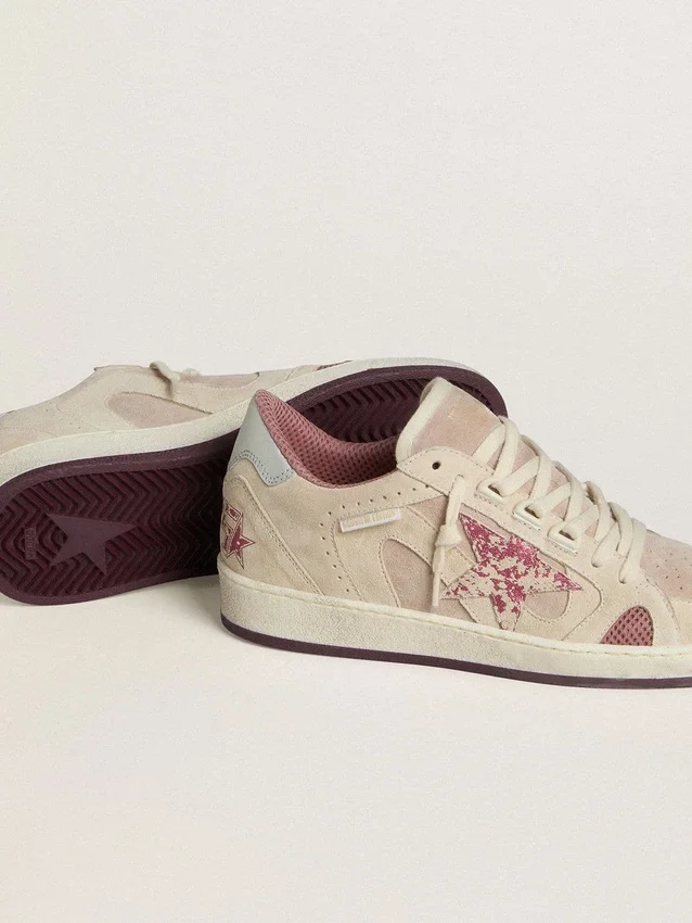 Damskie buty Ball Star LTD z różowego i beżowego zamszu z perłowo-szarą skórzaną wstawką na pięcie