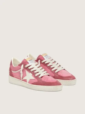 Damskie buty Ball Star LTD z różowego zamszu z kremową skórzaną gwiazdą i czerwonymi zamszowymi wstawkami