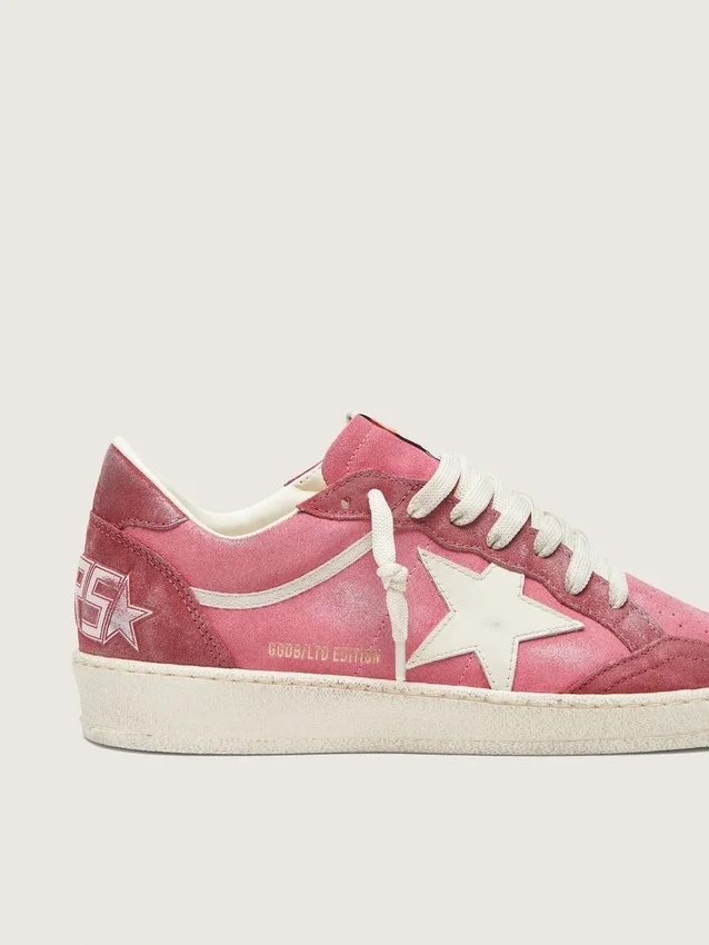 Damskie buty Ball Star LTD z różowego zamszu z kremową skórzaną gwiazdą i czerwonymi zamszowymi wstawkami