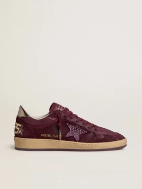 Damskie buty Ball Star z bordowego zamszu z kryształową gwiazdą i metaliczną skórzaną wstawką na pięcie