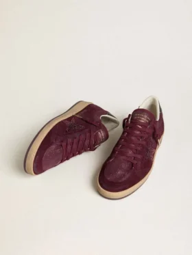 Damskie buty Ball Star z bordowego zamszu z kryształową gwiazdą i metaliczną skórzaną wstawką na pięcie