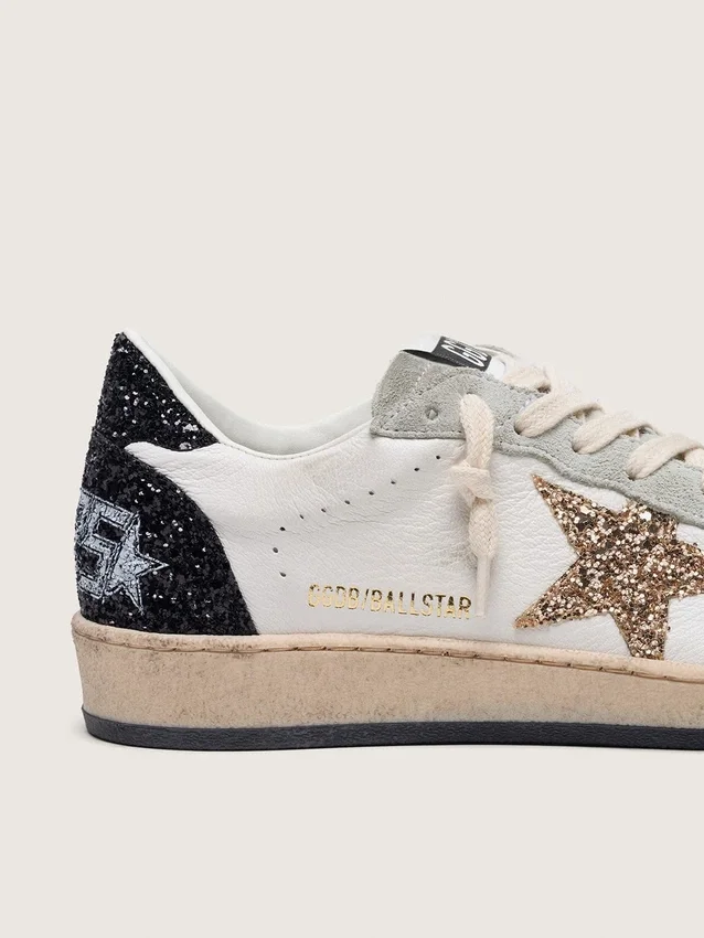 Damskie buty Ball Star z nappy i zamszu z brokatową gwiazdą i czarną wstawką na obcasie