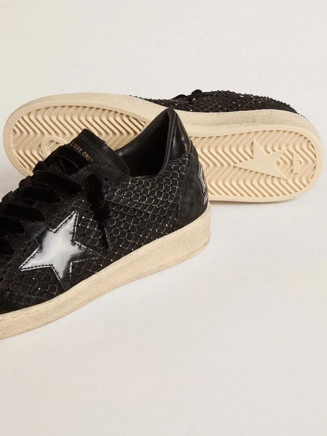 Damskie buty Ball Star z siateczki z kryształami Swarovskiego oraz czarną, laminowaną skórzaną gwiazdą i naszywką na pięcie