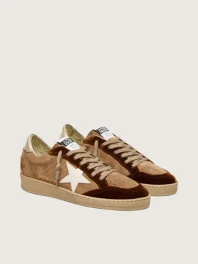 Damskie buty Ball Star z zamszu w kolorze tytoniowym z białą skórzaną gwiazdą i wstawkami z aksamitu w kolorze koniaku