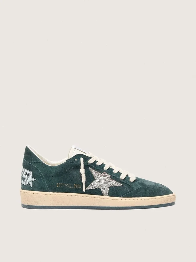 Damskie buty Ball Star z zielonego zamszu ze srebrną gwiazdą z brokatem