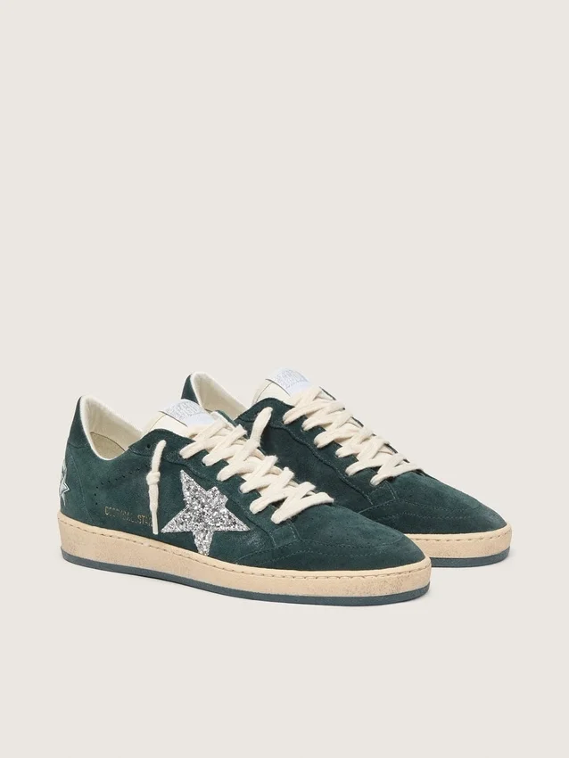 Damskie buty Ball Star z zielonego zamszu ze srebrną gwiazdą z brokatem