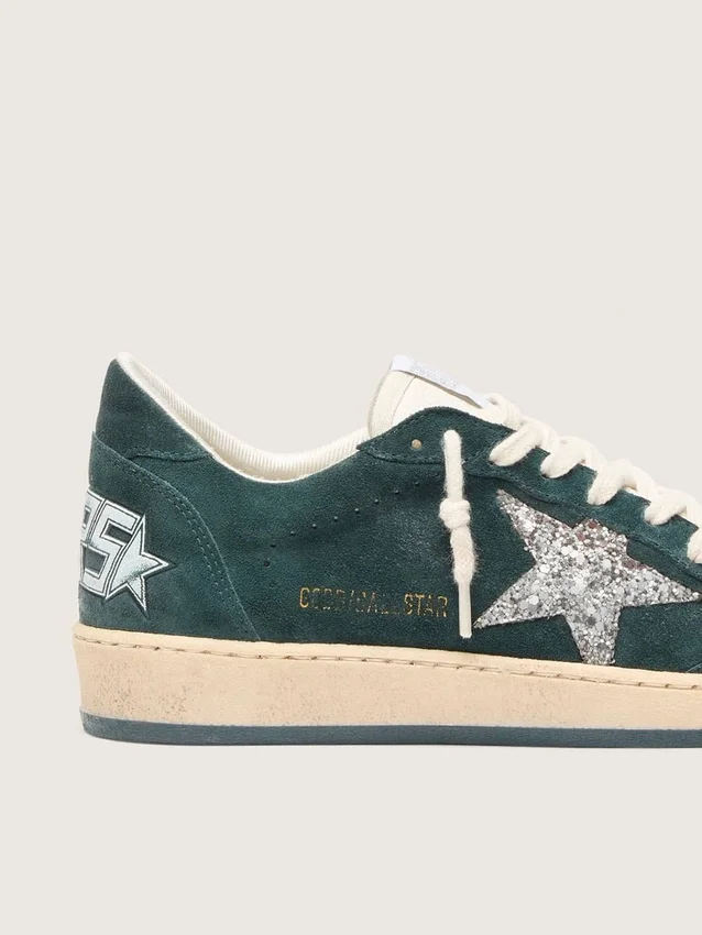Damskie buty Ball Star z zielonego zamszu ze srebrną gwiazdą z brokatem