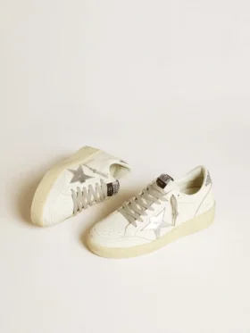 Damskie buty Ball Star ze srebrną skórzaną gwiazdą i srebrną błyszczącą wstawką na pięcie