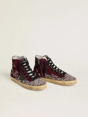 Damskie buty Francy LAB z bordowego zamszu z błyszczącą czarną skórzaną gwiazdą i kryształkami