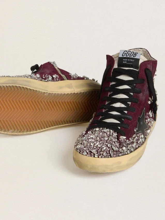 Damskie buty Francy LAB z bordowego zamszu z błyszczącą czarną skórzaną gwiazdą i kryształkami
