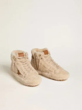 Damskie buty Francy z beżowej owczej skóry z brązową skórzaną gwiazdką