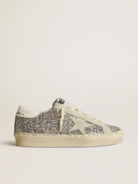 Damskie buty Hi Star w srebrnym brokacie z zamszową gwiazdą i białą wstawką na pięcie
