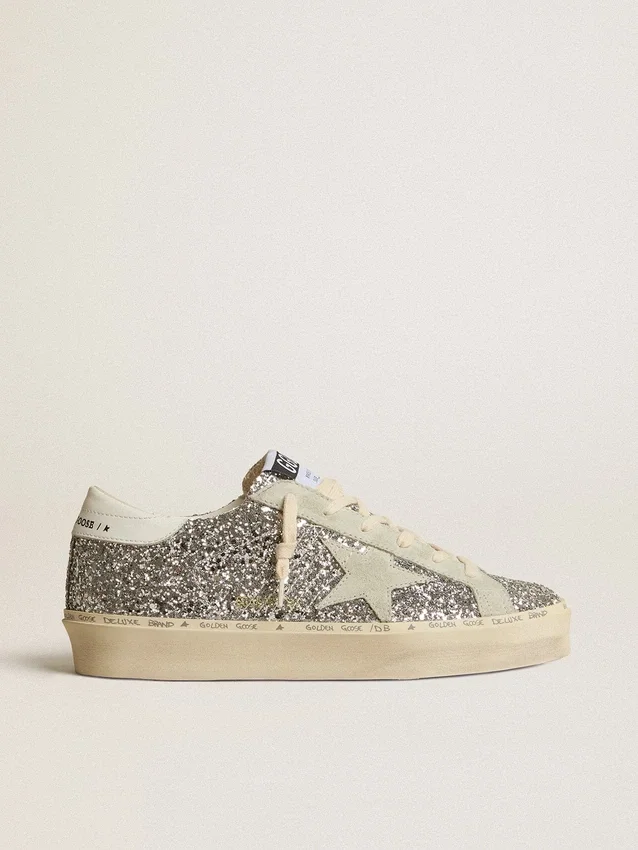 Damskie buty Hi Star w srebrnym brokacie z zamszową gwiazdą i białą wstawką na pięcie